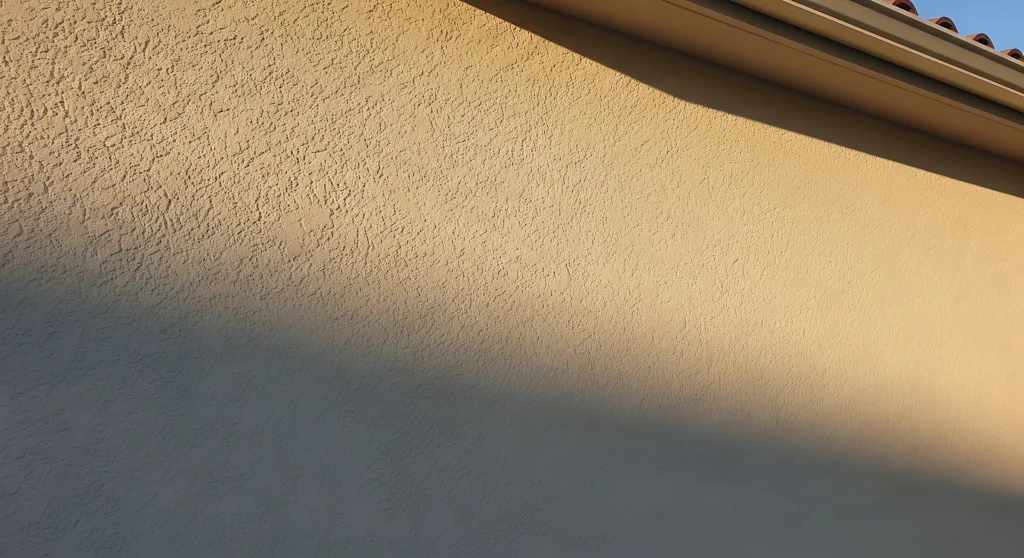 The beige stucco exterior wall had a textured surface that cast soft shadows.
