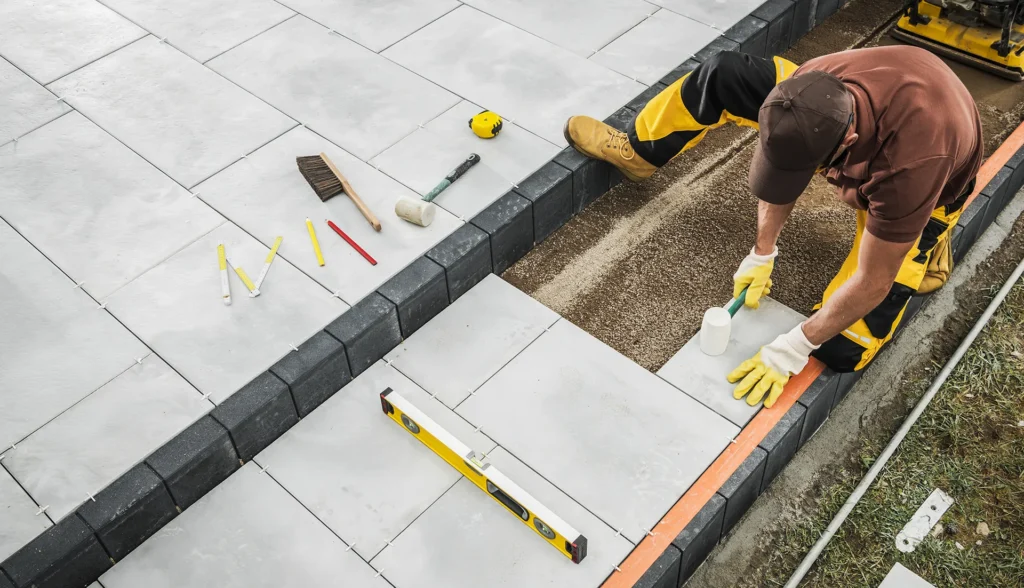 Overhead view of a construction worker in yellow and brown work clothes installing large gray concrete patio pavers with a rubber mallet and level.