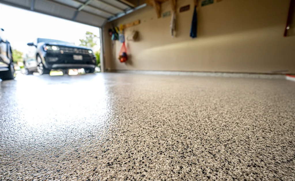 Low-angle shot of a glossy epoxy garage floor with broadcast flakes, a car parked in the entrance, and tools hanging on the interior wall.