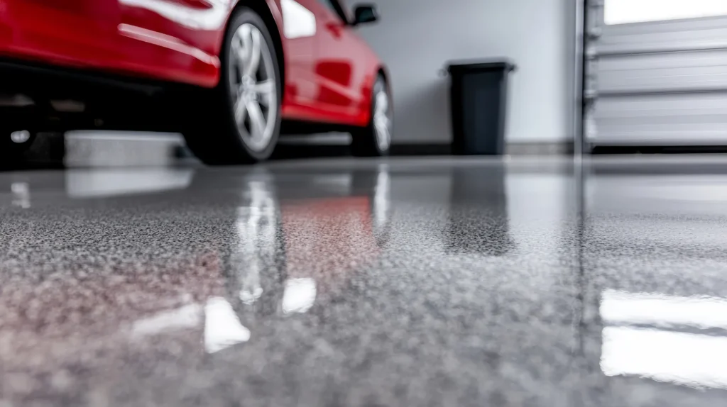 Close up of a gray flake epoxy garage floor coating with high gloss finish reflecting a red car
