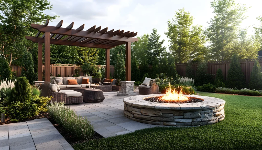 Luxurious backyard patio with a large stone fire pit, a wooden pergola covering a woven outdoor seating area, and a lush green lawn.