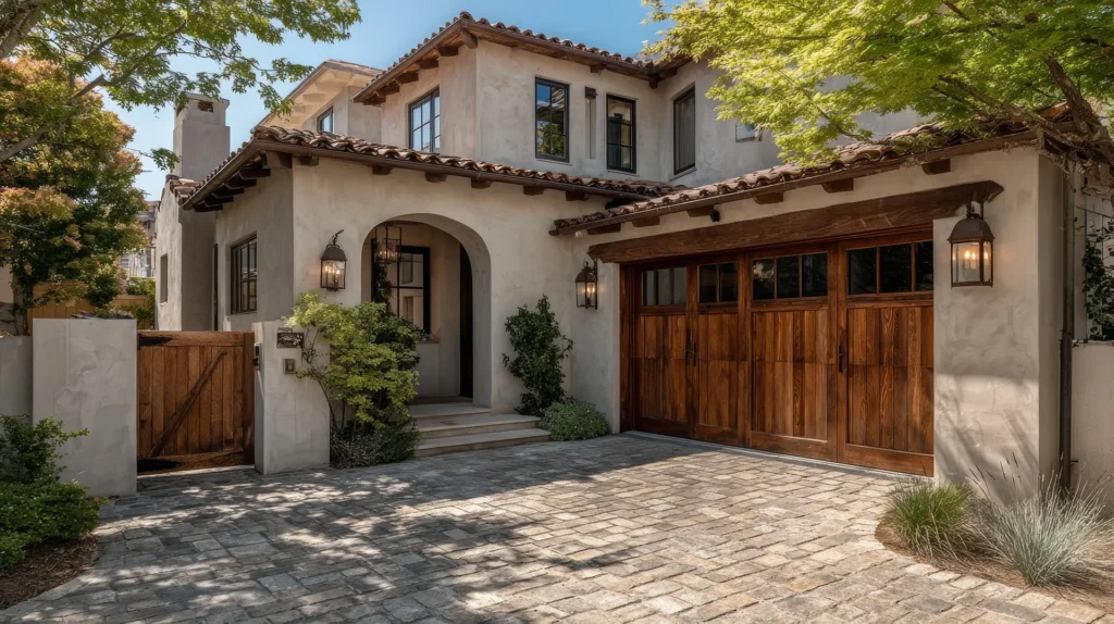 spanish-style-stucco-house-wood-garage