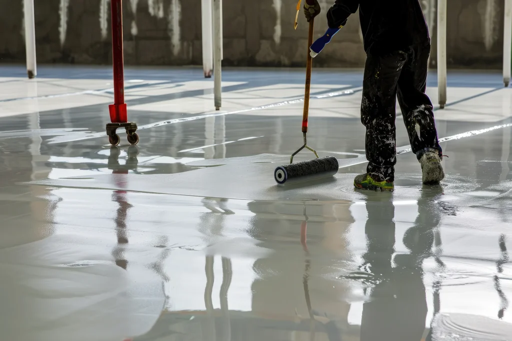 Construction worker applying white epoxy coating on a concrete floor with a long-handled roller