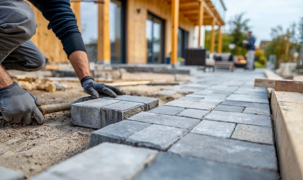 Close-up of a construction worker in gray gloves installing gray paving stones for a patio or walkway next to a modern wooden house.