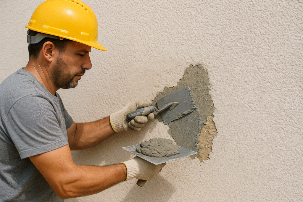 Worker applying mix during stucco repair on a wall.
