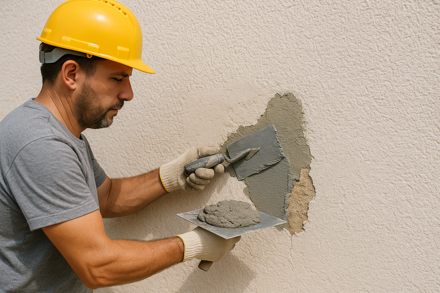 Worker applying mix during stucco repair on a wall.